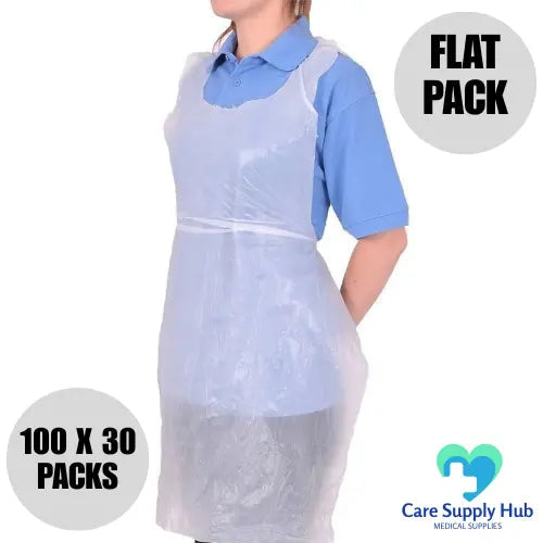 White Flat Pack Disposable Aprons – 12 Micron, 3000 Aprons (100 x 30 Packs)